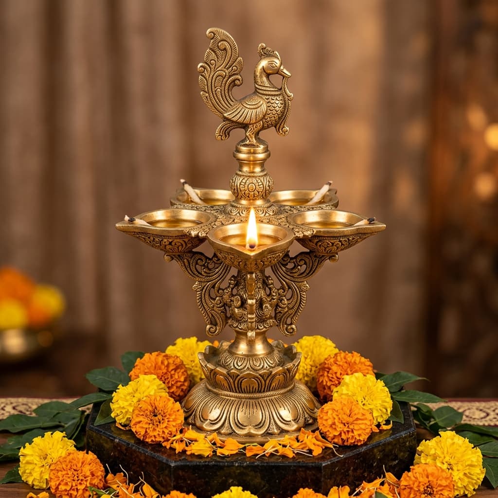 Handcrafted Solid Brass Panchmukhi Akhand Diya with Peacock Finial