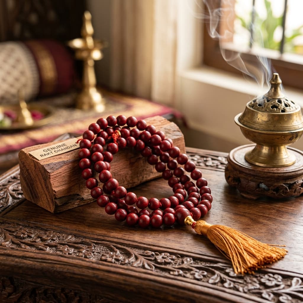 Natural Lal Chandan (Red Sandalwood) Japa Mala (108 Beads)