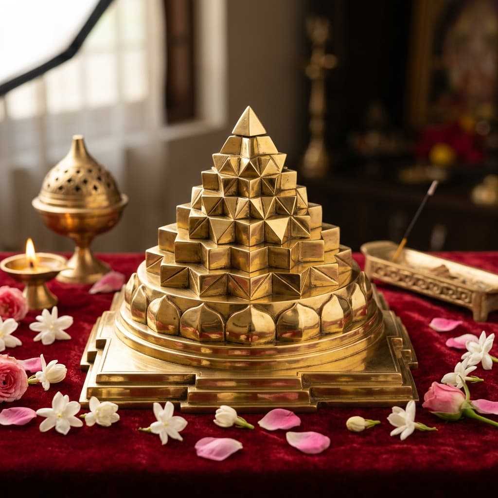 Pure Solid Brass Energized Sri Yantra (3D Meru Prishta)